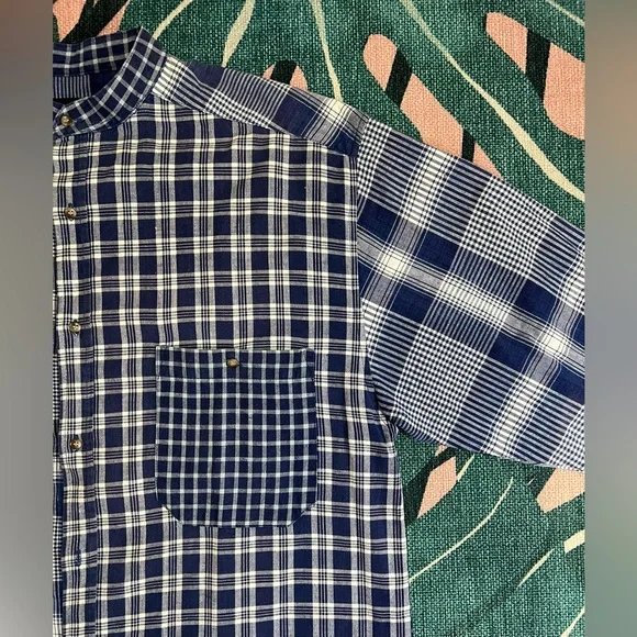 Vintage Santana Collarless Plaid Denim Button Up Shirt - Picture 3 of 11